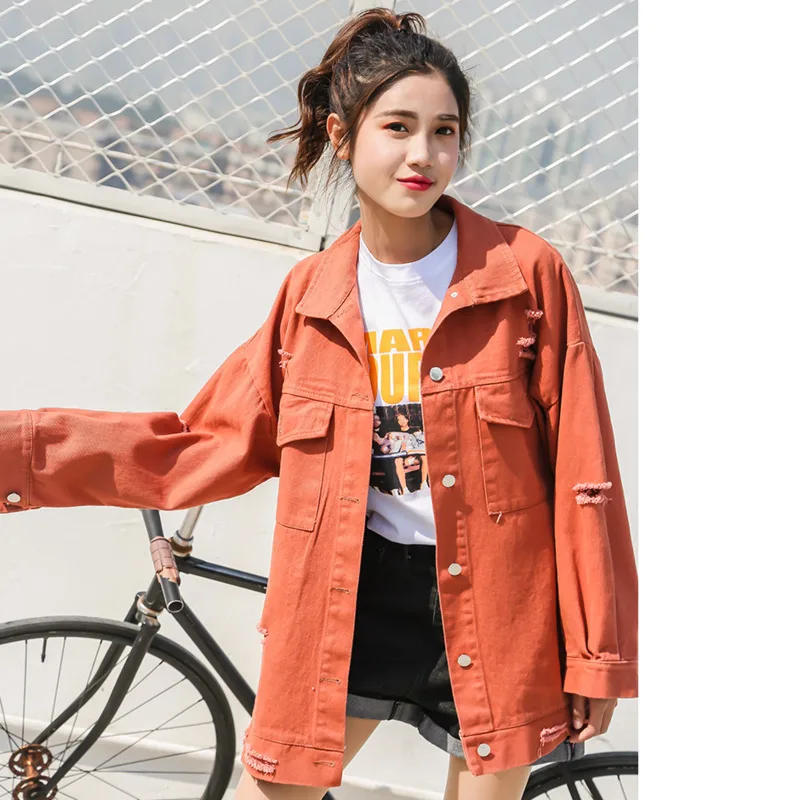 

Hip hop Punk White Red Yellow Pink Tops Loose Basic Denim Hole Jacket Women Over Size Outwear Autumn Candy colors Jeans Coat