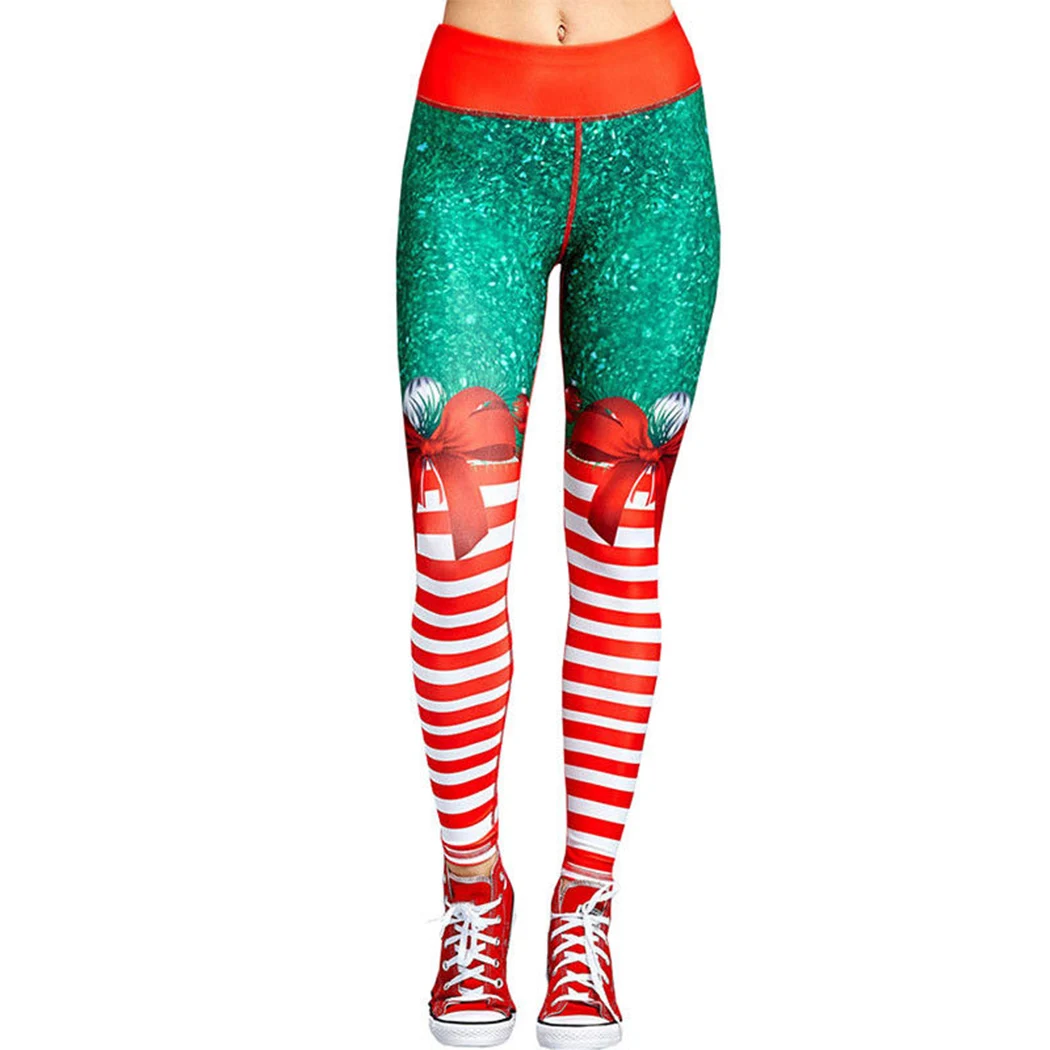 Women Christmas Leggings Striped Printed Fitness Leggins Sportwear Elastic Slim Legging Female