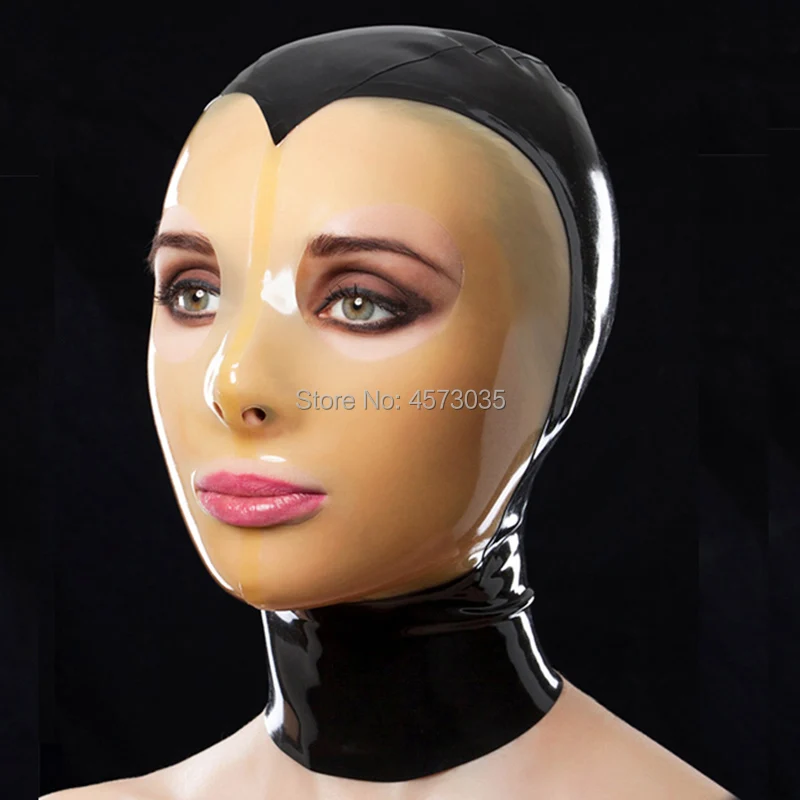 new sexy exotic lingerie handmade black spliced with transparent face latex rubber hoods mask hoods cekc zentai fetish back zipp