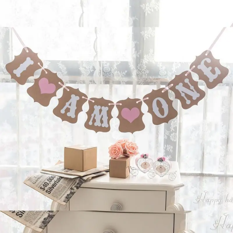 I Am One Banner 1st Birthday Baby Boy Girl Party Decorations First Year Kraft Paper Garland Bunting Party Supply 15*11cm