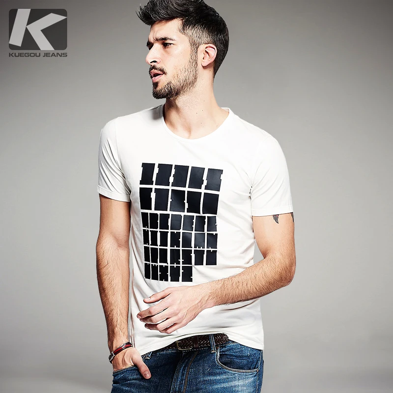 

KUEGOU New Summer Mens Fashion T Shirts Print Black White Brand Clothing Man's Short Sleeve T-Shirts Plus Size Tops Tees 0159