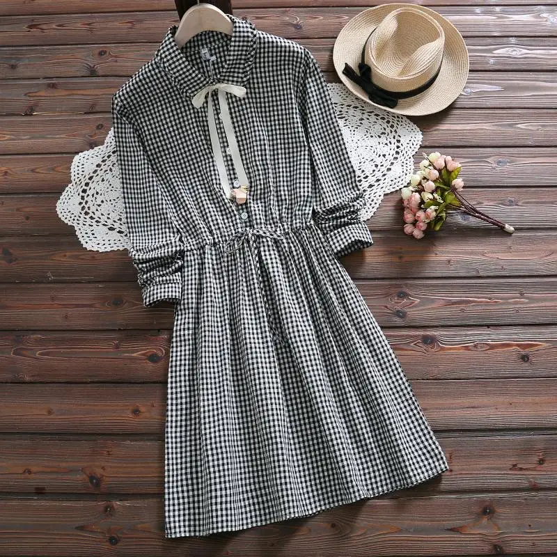 

Vintage dress 2019 Spring New Long Sleeve Turn-down Collar vestidos Women elegant Plaid casual dress Female