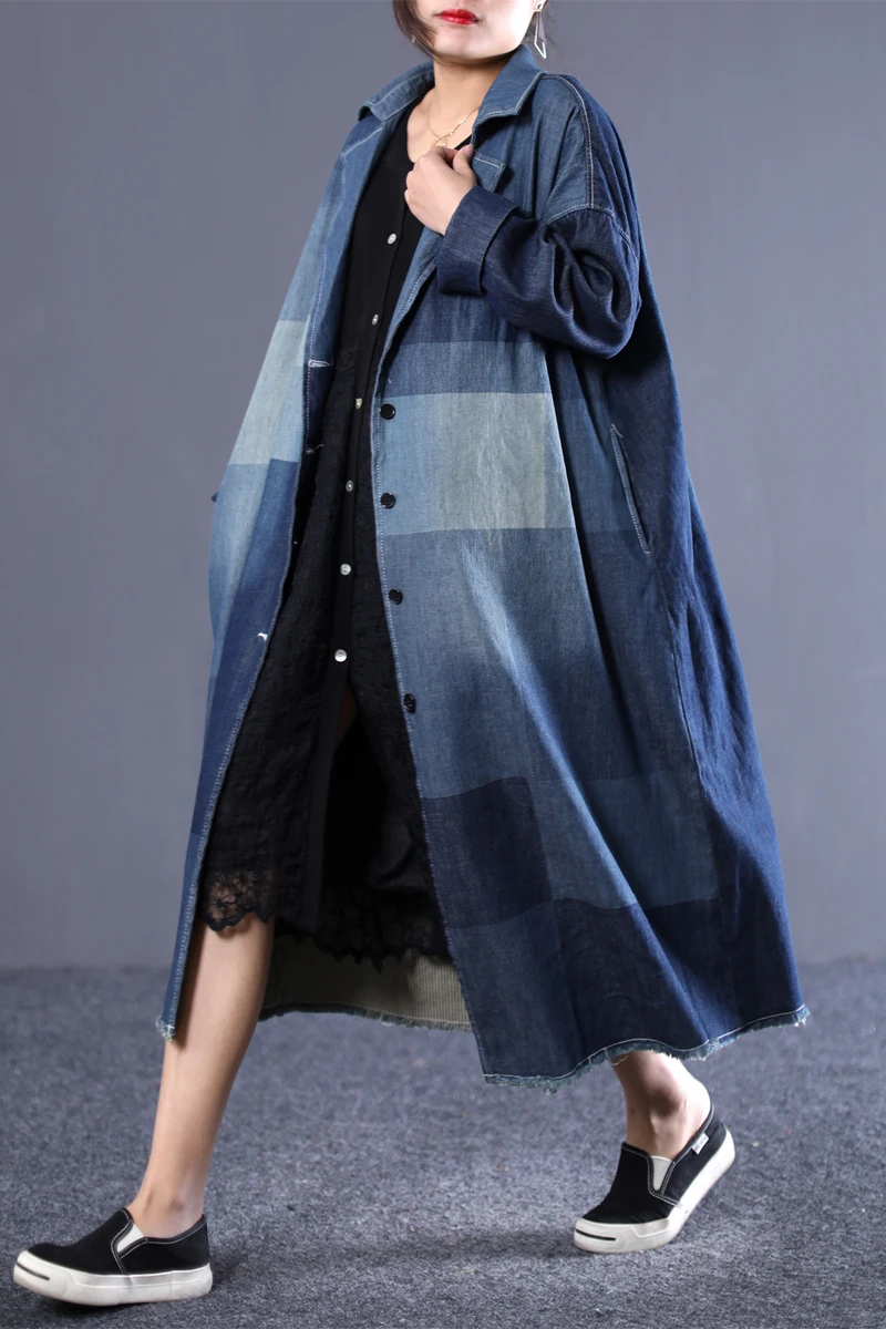 Vers Manches Nouvelle En Blue Ad64405 Le Jean Femmes 2019 Bas Patchwork ewq Poitrine Coupe Patten Longues Unique Tournent Vintage À vent Chemise Printemps E4Kw7
