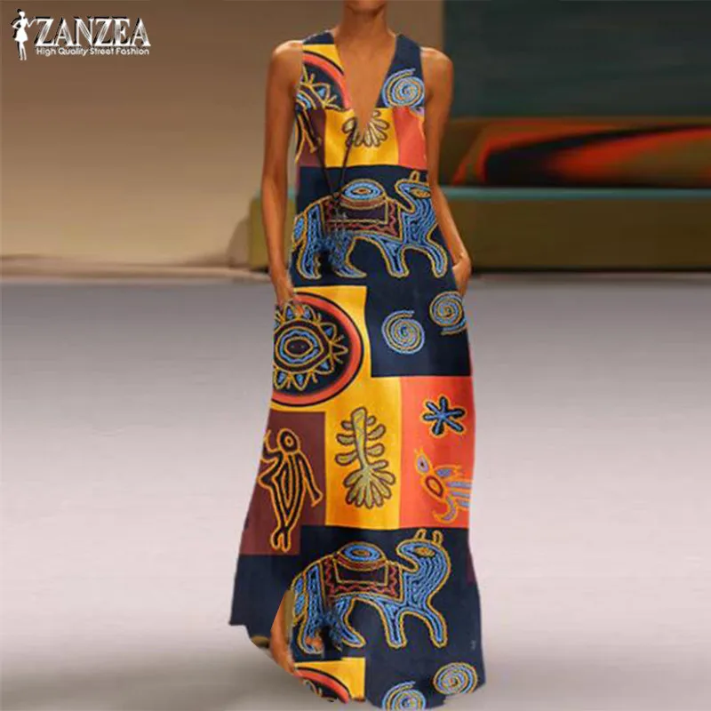 

Enthic Print Maxi Dress Women's Summer Sundress ZANZEA 2019 V Neck Sleeveless Dress Patchwork Sarafans Vestidos S-5XL
