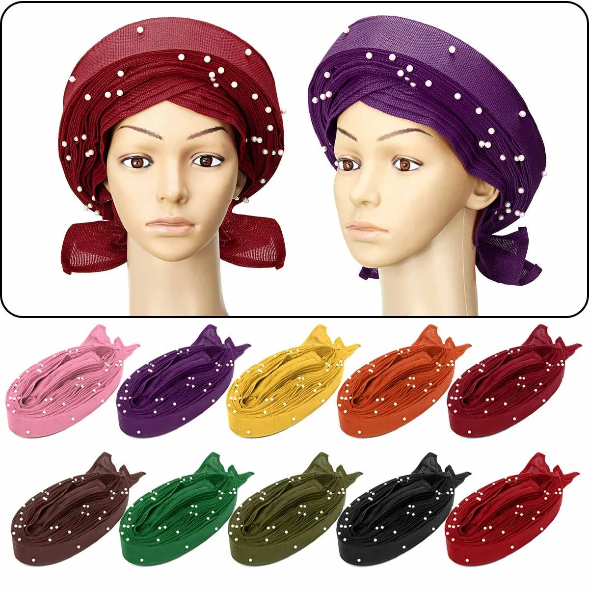 

10 colors African gele already heatie Aso oke headtie with beads african head wrap for Women's Hair Accessories Headwear Fabric