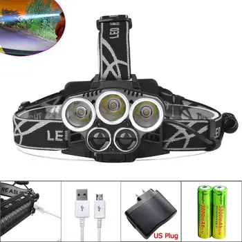 

T6 5X LED Headlamp 18650 Battery 80000LM Flashlight Torch Rechargeable 2309-A Waterproof Lamp + 5V USB Charger US Plug