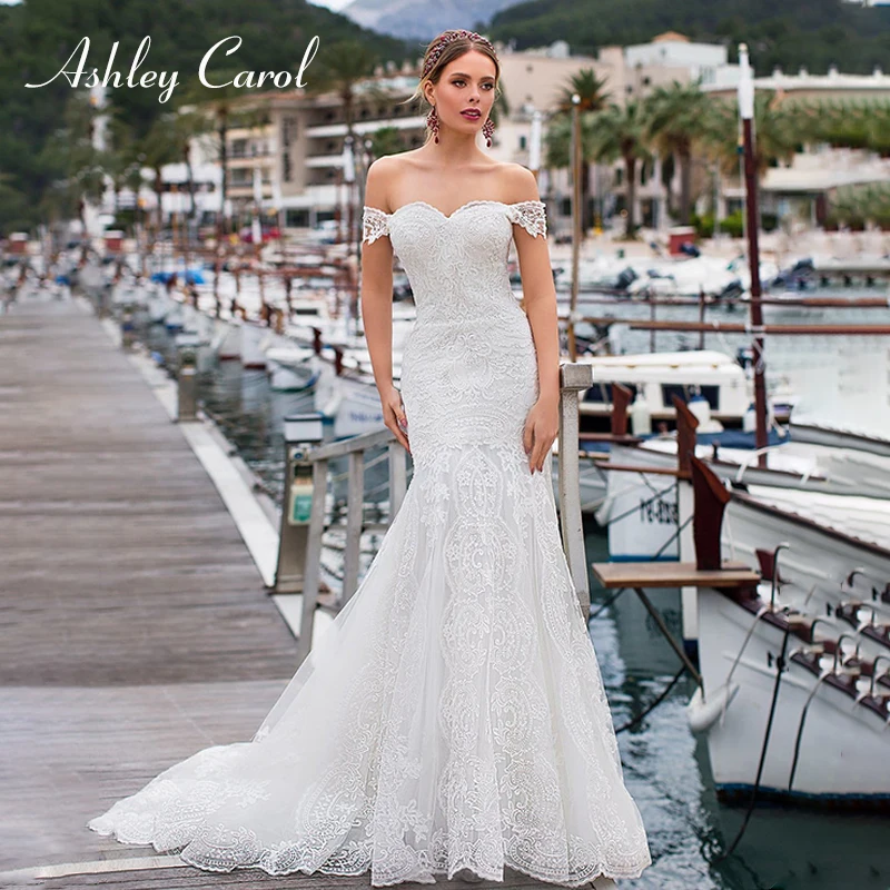 

Ashley Carol Sexy Sweetheart Cap Sleeve Strapless Mermaid Wedding Dress 2019 Court Train Romantic Vintage Lace Wedding Gowns