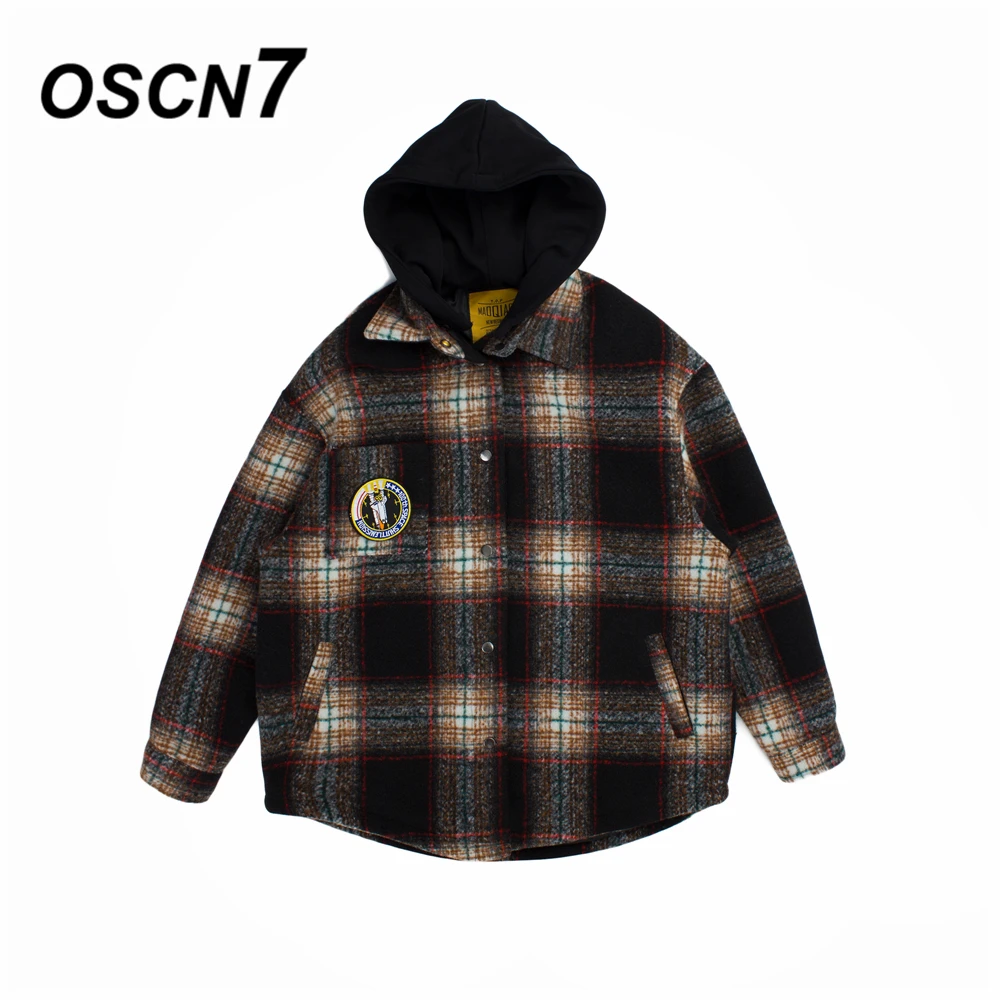 OSCN7 зимняя Harajuku Японская уличная Толстая клетчатая стеганая куртка с капюшоном мужская шапка съемный дизайн Check теплая куртка мужская AQ02