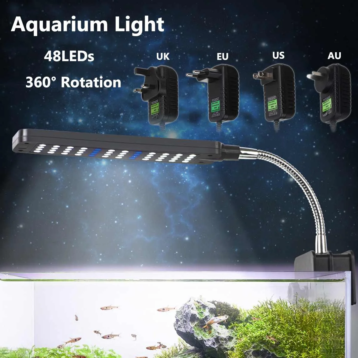 12V 48 LED Aquarium Light Flexible Arm Clip On Fish Tank Lighting Fish