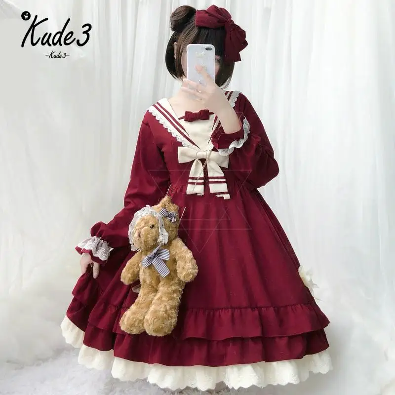 

Tea Party Japanese Style Girl Long sleeve Lolita Dress Bowknot JSK Carousel lolita cosplay Lace dress Maid Costume dress 8446