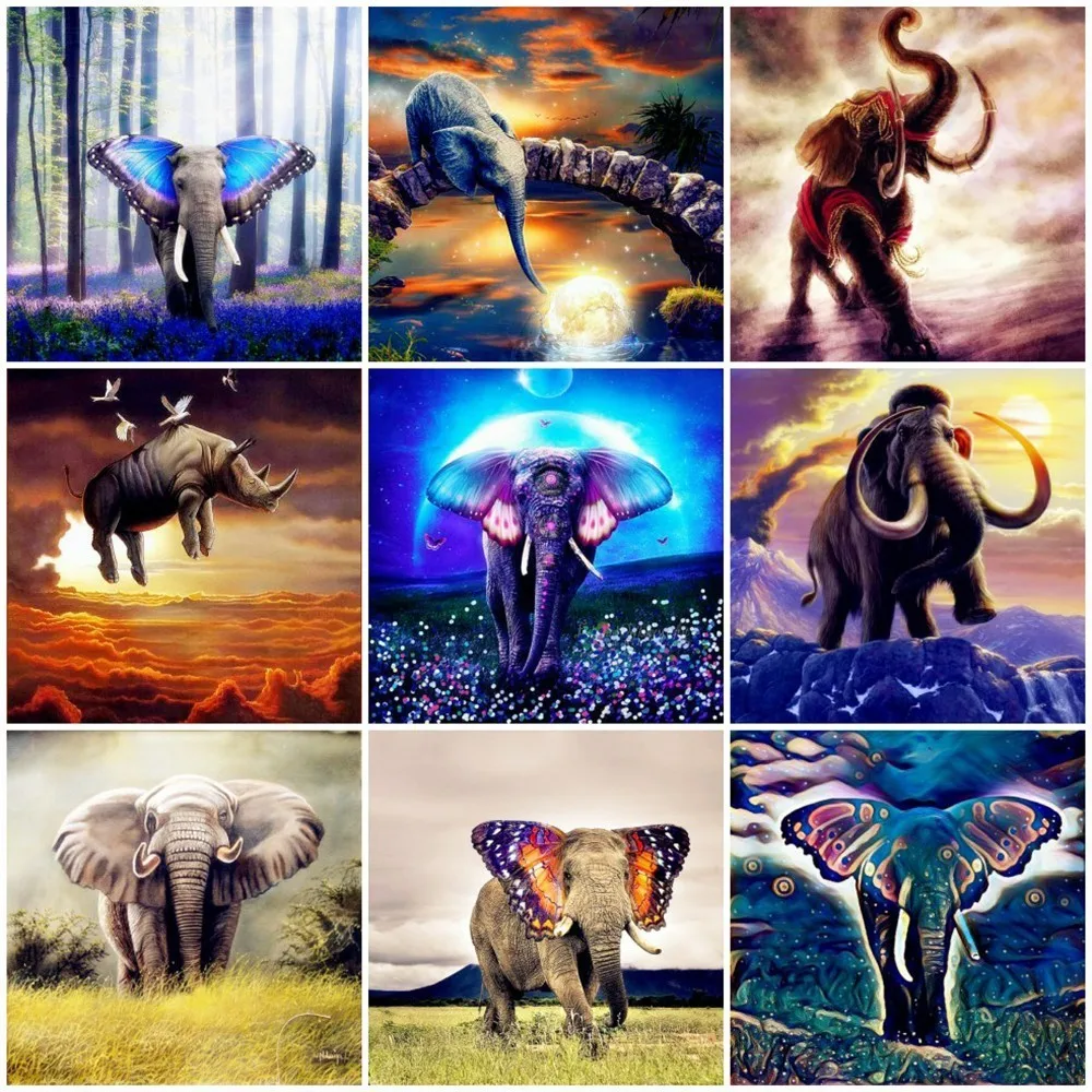

Huacan Diamond Painting Animals Cross Stitch Kits Diamond Embroidery Elephant Full Drill Square Diamond Mosaic Home Decoration