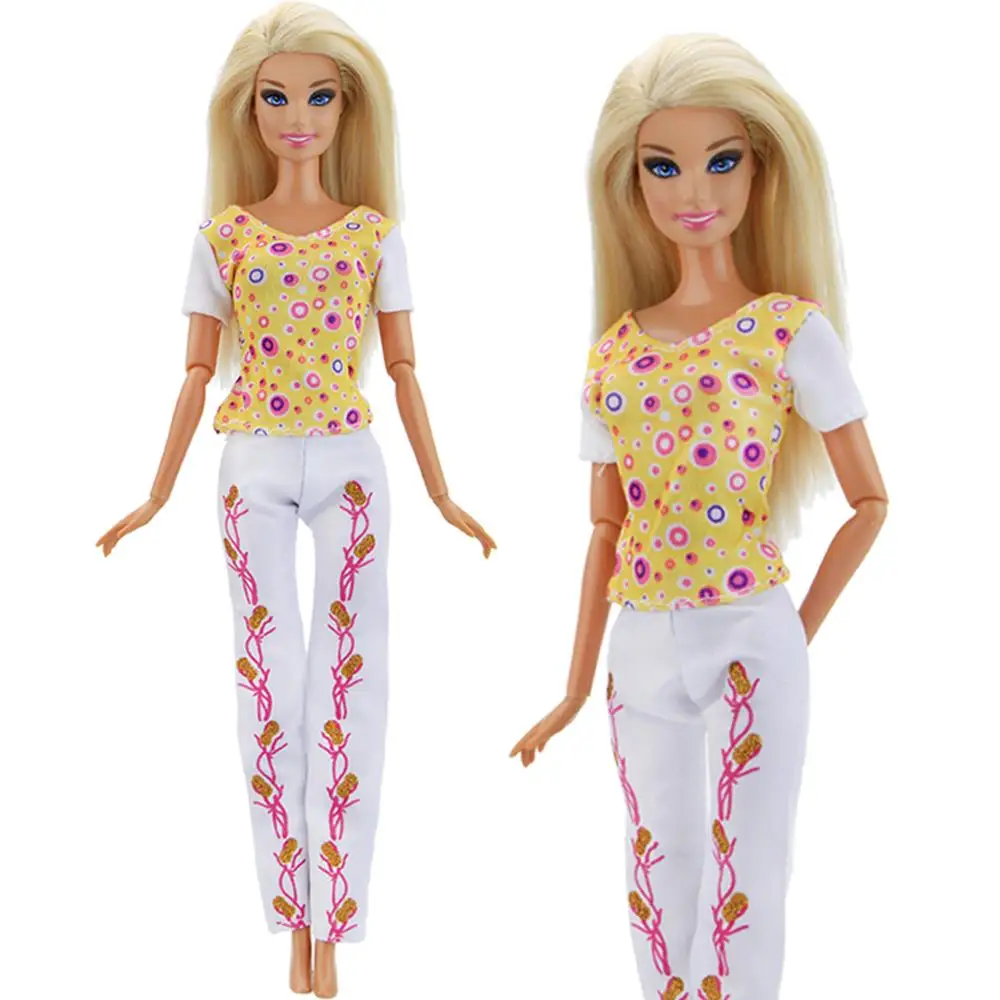 Комплект одежды ручной работы из 4 предметов; повседневная одежда смешанного стиля; блузка и штаны; футболка; аксессуары для брюк; Одежда для куклы Барби; детская игрушка
