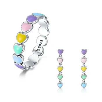 

925 Sterling Silver Jewelry Set Rainbow Heart to Heart Rings & Earrings Jewelry Sets Sterling Silver Jewelry SCE451