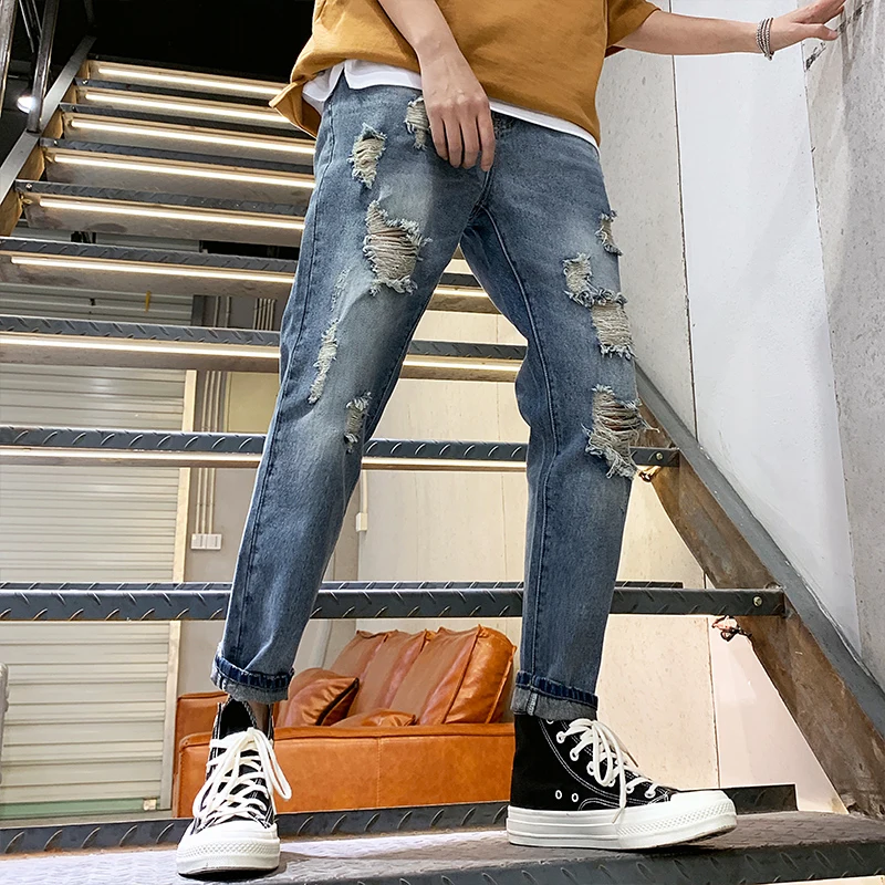 2019 new Holes stretch slim fit Jeans men Man Self-cultivation Korean Trend Male streetwear Pants clothes big size