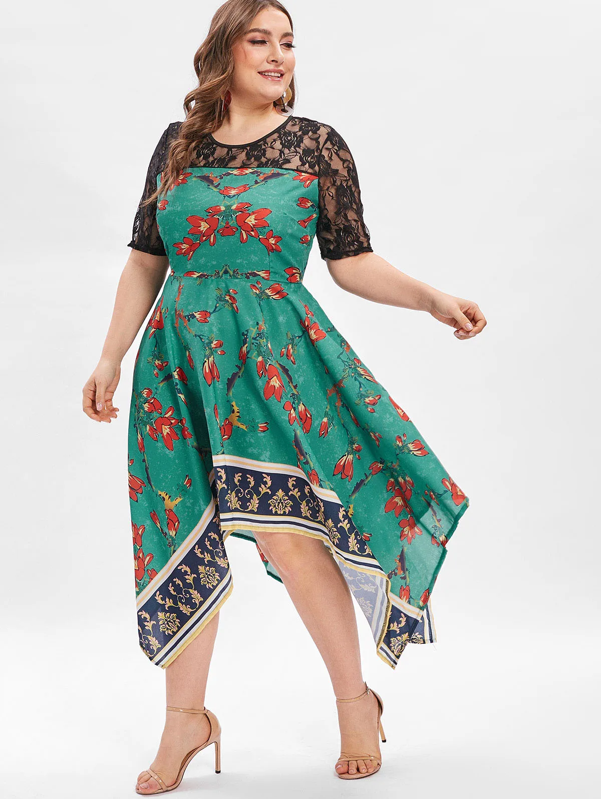

Wipalo Plus Size Floral Print Lace Panel Asymmetrical Dress Short Sleeve Back Cut Out O Neck Summer Women Dresses Vestidos 5XL