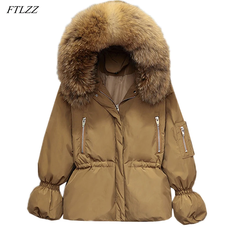 FTLZZ, зимняя женская куртка, большой натуральный мех енота, 90% белый утиный пух, парка с капюшоном, женская тонкая короткая зимняя верхняя одежда