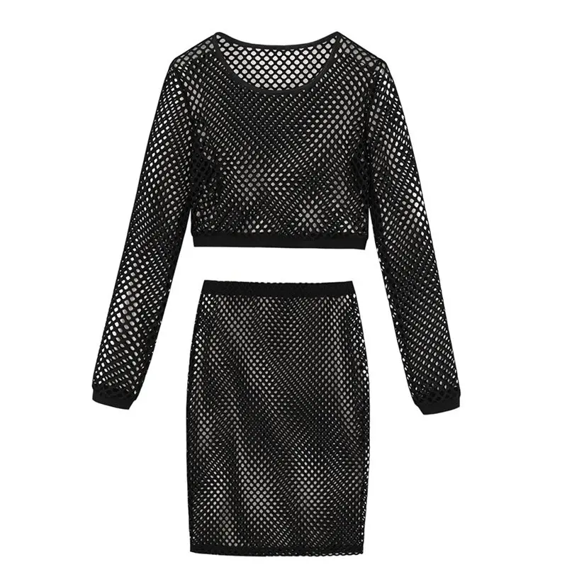 

Sexy Beach Outfit Women Two Piece Set See Through Black Long Sleeve T Shirt Goth Crop Top Transparent Bodycon Skirt Summer Sets