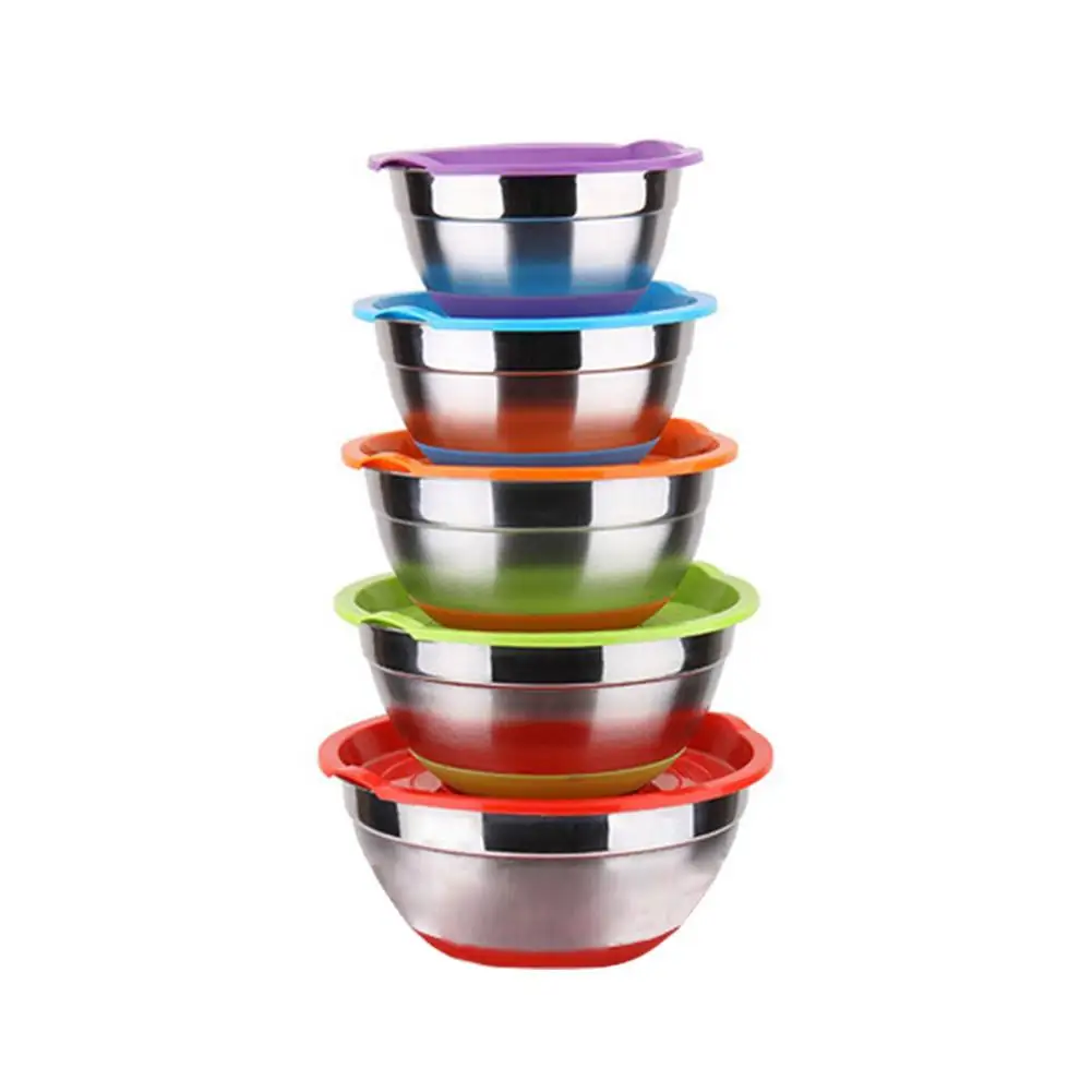 

Dinnerware Silicone Bottom Non - Slip Salad Bowl 5PCs/Set Color Silicone Bottom Stainless Steel Bowl With Lid Mixing Bowls