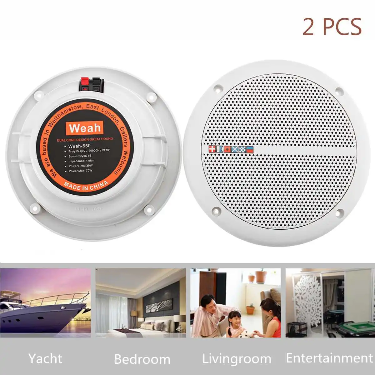 2x 70W Waterproof Ceiling Speaker Syatems 2-Way Flush Mount Home Theater Loundspeaker Amplifier In-Wall/Boat/Car/Marine