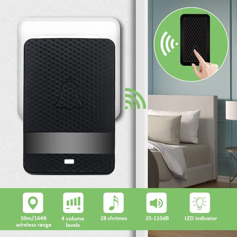 

Wireless Doorbell, IP68 Waterpoof Door Bell Security Chime Operating at 164 Feet with 28 Melodies, 4 Volume Levels & LED Flash
