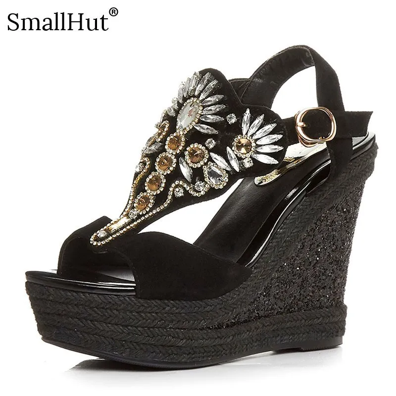 

Women Wedge Platform Sandals Summer Bling Crystal New 2019 Ankle Strap Gladiator Casual Shoes Black Ladies Handmade Sandal F010