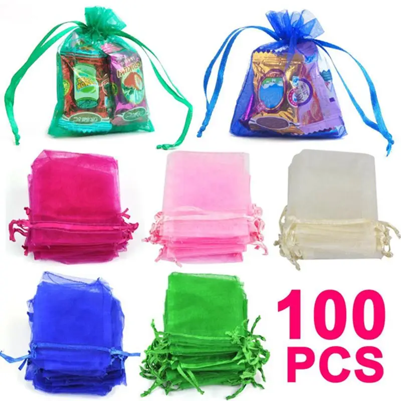 

7*9cm Organza Drawstring Gift Bags Wedding Favor Bags Jewellery Pouches - 100 pcs/set (Random Color)
