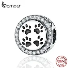 BAMOER чистый 925 пробы Серебряный Кот следы лап Круглые бусины для женщин бренд браслет животное ювелирные изделия SCC1186