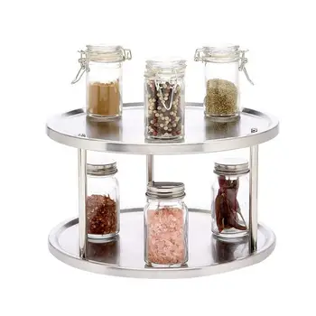 

Stainless Steel Organizer Tray 360 Degree Turntable Rotating 2-Level Tabletop Stand For Dining Table Kitchen Counters Cabinets