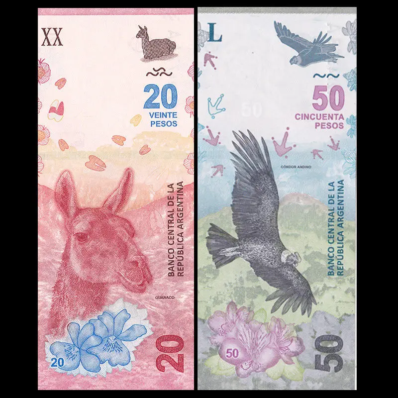 

Argentina Set 2 PCS, 20 50 Pesos, 2017 2018, P-NEW, New Design, America, Animal, UNC, Gift, Collection, Original, Geniune