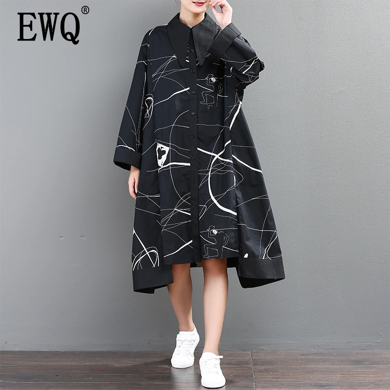 

[EWQ] New 2019 Woman lapel Long Sleeve Loose Hem Irregular Big Size Dress Women Clothing Vintage Print Dresses AA609