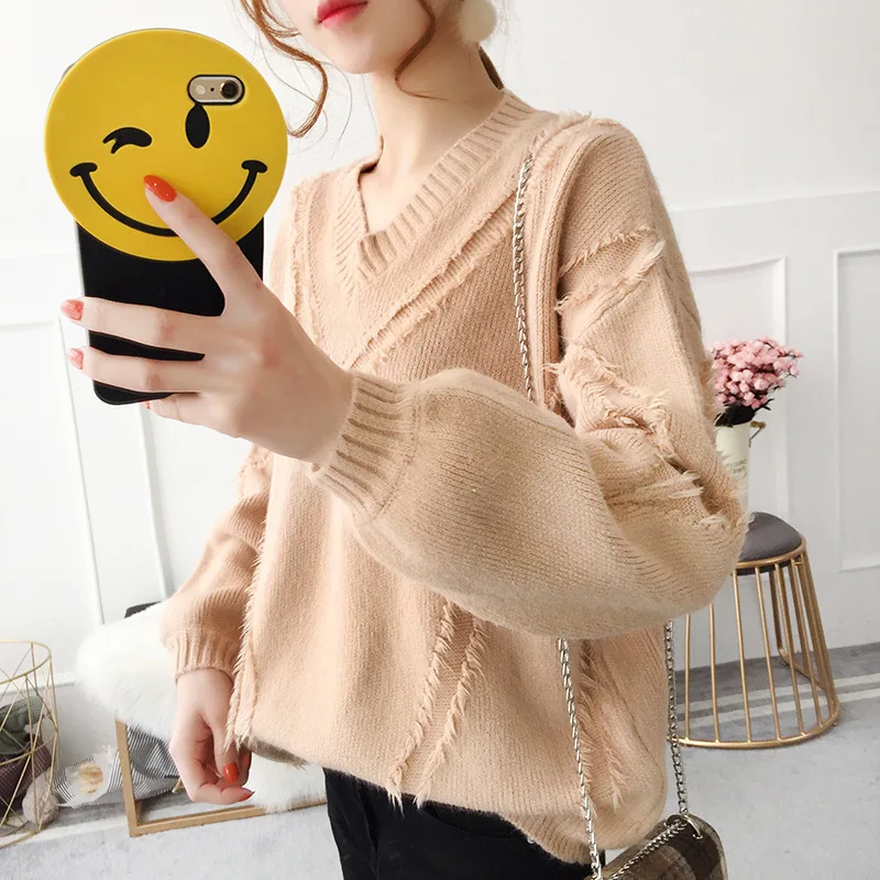 

Women Tassel V-Neck Long Sleeve Sweater and Pullovers Tops Autumn Winter Cashmere Casual Loose Solid Knitted Sweater