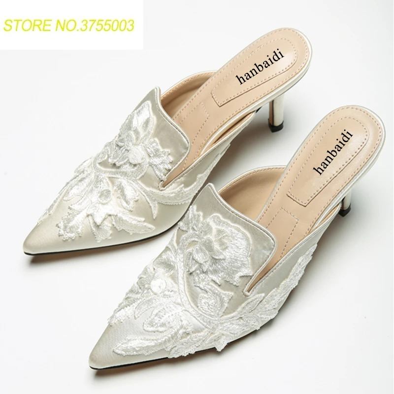 

New Pointed Toe embroidery High Heels Slippers Velvet Embellished Cozy flip flop Outdoor Creppers Spider mules beach Shoes Women