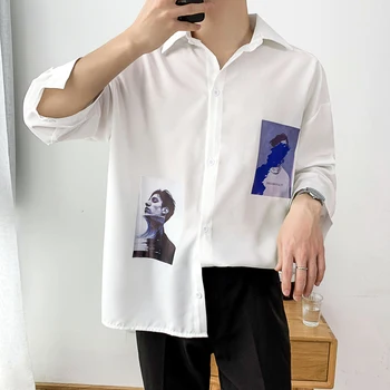 

2019 Spring And SummerNew Korean Version Of The Tide Male Loose Comfortable Fashion Harajuku Cotton CharacterPattern CasualShirt