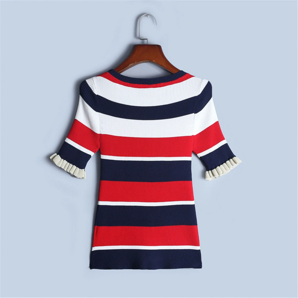 Ruffles Strickpullover Multicolor New Thin Runway T Top Sleeve Sweet Female Striped 2019 Jumper Design Shirt Short Women Summer shirt wUx1Pagx
