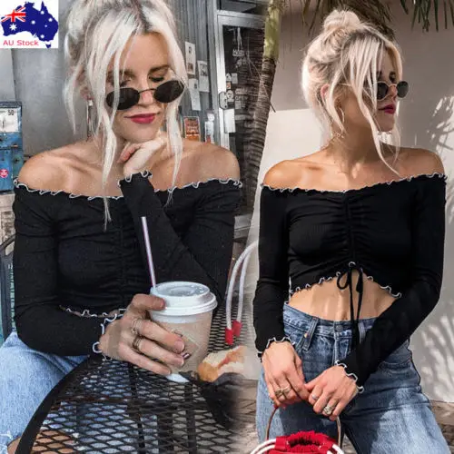 Hirigin новые Для женщин футболки Sexy с плеча уличная одежда длинным рукавом оборками