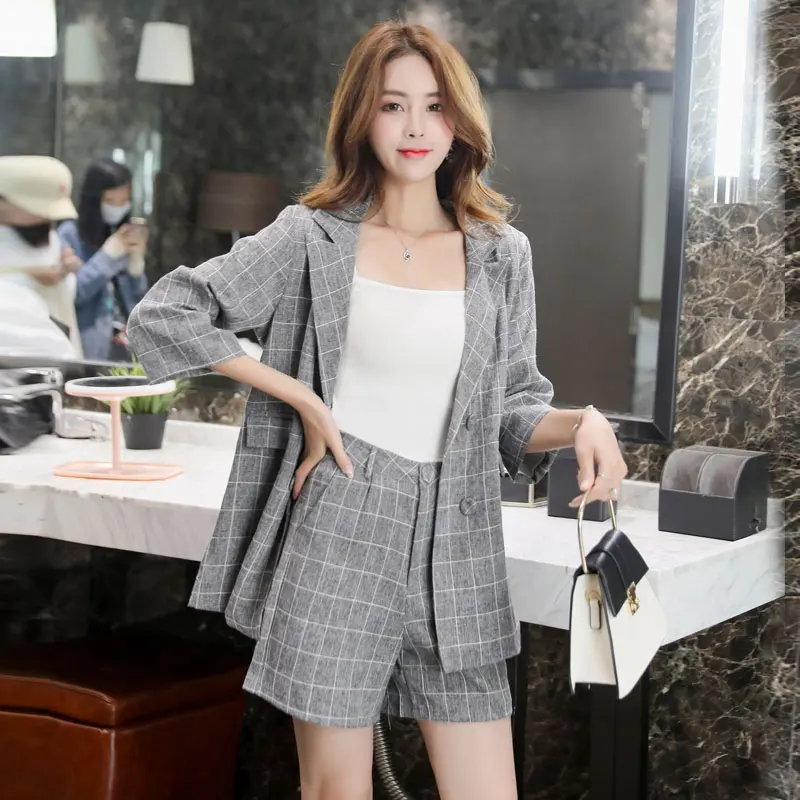 

Summer Office Lady Gray Pink Plaid Suit Full Sleeve Jacket Top High Waist Shorts Woman 2 Piece Set Korea Hot Blazer women suits