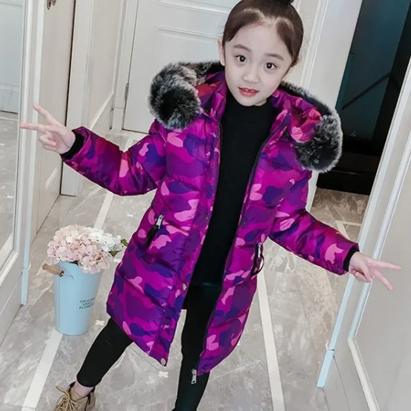 

thick purple camouflage winter jacket for girls long outwears cotton padded fur hooded winter coat girls 2018 new year clothes