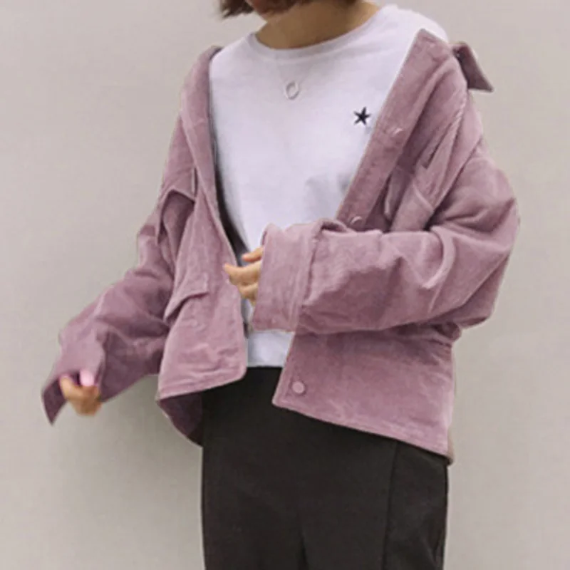 Preise Neue herbst Frauen baseball Cord Jacke Top lose revers Hemd Mantel Lässig Vintage Oversize einfarbig kühle kurze jacken