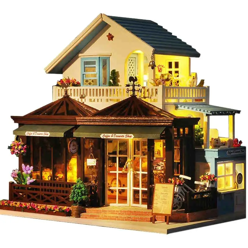 

IIECREATE Large Coffee Wooden Doll House Manual Assembling Model Toys Diy Wooden Hut House With Led Light Small Tools Birthday