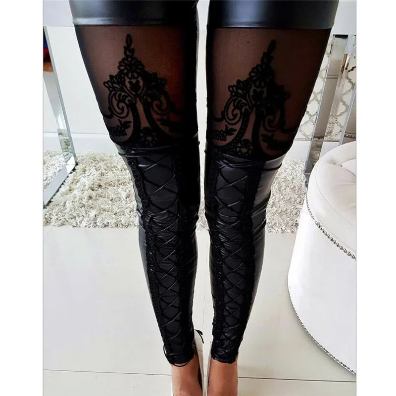 Сексуальные женские обтягивающие брюки с эффектом мокрого вида, кружевные обтягивающие леггинсы из искусственной кожи с вышивкой, брюки-карандаш на осень и зиму, теплые