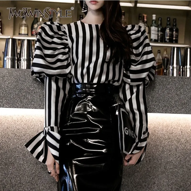  TWOTWINSTYLE Striped Shirts Blouse Women O Neck Lantern Long Sleeve Vintage Elegant Tops Female 201