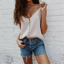 Новая модная женская летняя футболка без рукавов с v-образным вырезом, шифоновая блузка на бретелях