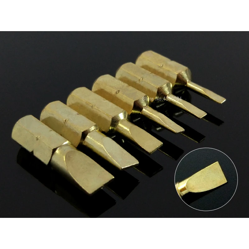 

6Pcs Set 25MM Slotted Tip Flat Head Screwdriver Bits 1/4"(6.35mm) Hex Shank 2-6MM Bronze Plating Repair Kit S2 Power Hand Tools