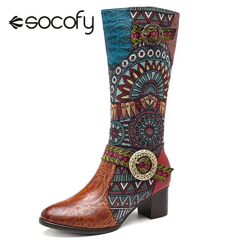 Socofy женские ковбойские ботинки из натуральной кожи в стиле ретро Женская обувь женские ковбойские ботинки до середины икры женские ботинки на молнии на квадратном каблуке