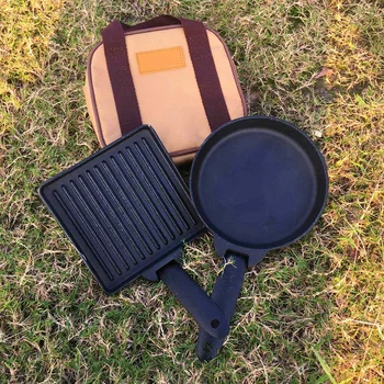 

2PC Detachable Outdoor Steak Cooking Frying Pans Iron Non-stick Camping Cookware Grill Cooker Pot Set with Portable Carrying Bag