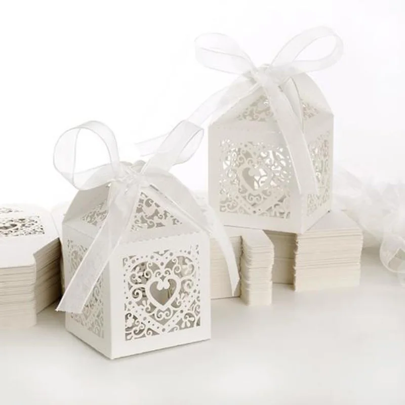 

100pcs Laser Cut Wedding Candy Favor Box Pearl Color Paper Candy Box Baby Shower Birthday Gift