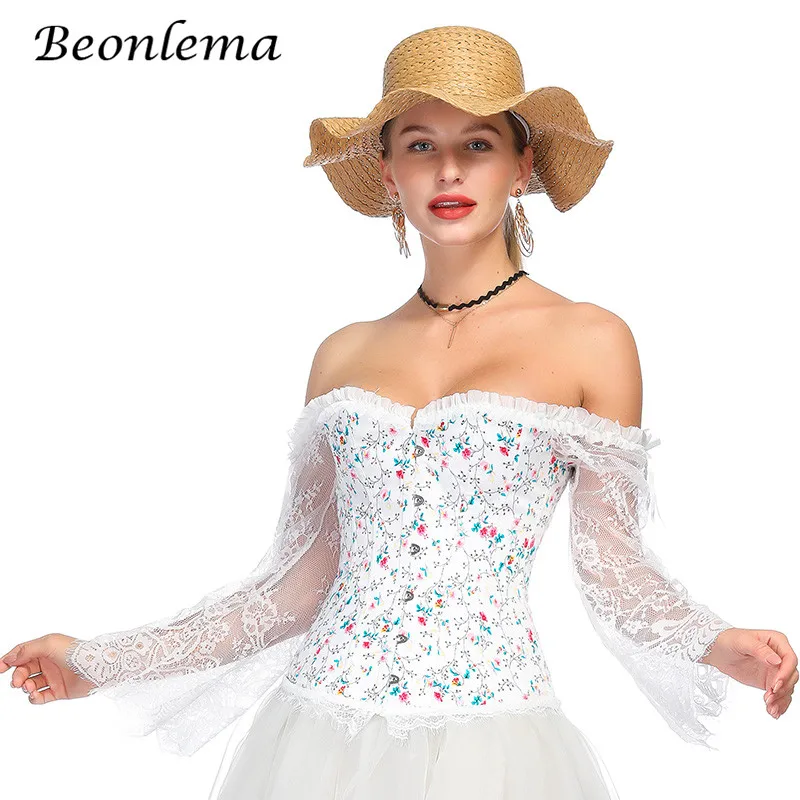 

Beonlema White Corset For Women Off Shoulder Sexy Bustier Black Lace Long Sleeves Gorset Floral Print Sweet Blue Korset