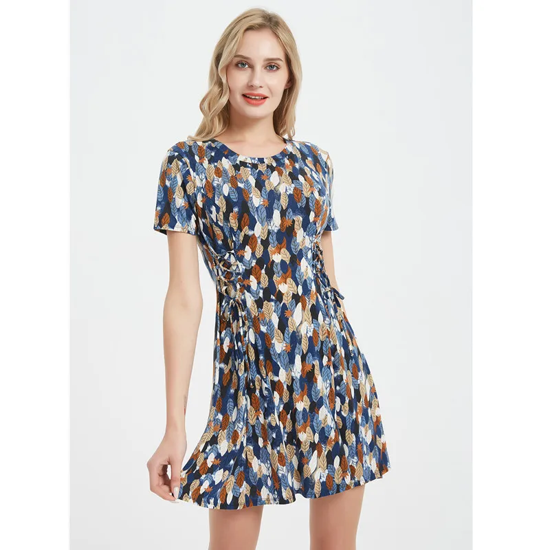 

Uguest Women Summer Dress Leaves Printed Retractable Waist Fashion Lady Mini Dress Elegant 1952