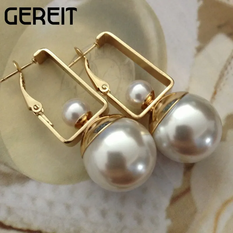 

GEREIT Textured Wedding Jewelry Boho Korean Gold Geometric Shiny Big Double Pearls Dangle Earrings Women Kpop Summer Earrings