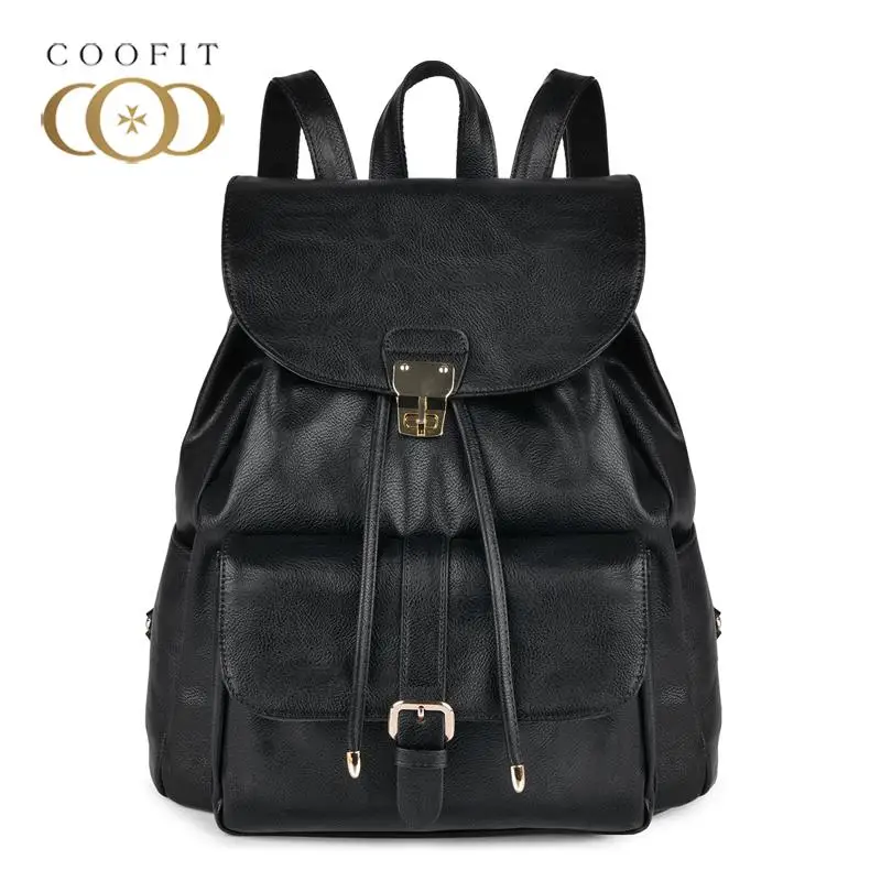 

Coofit Drawstring Ladies Backpack Black High Quality PU Leather Backpack For Women Girls School Bag Satchels Daypack 2018 New